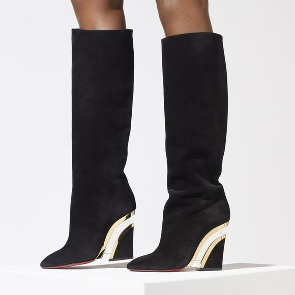 Christian Louboutin Levitibotta 100 Suede Wedge Illusion Heel Tall Boot Black 38 - Picture 1 of 16